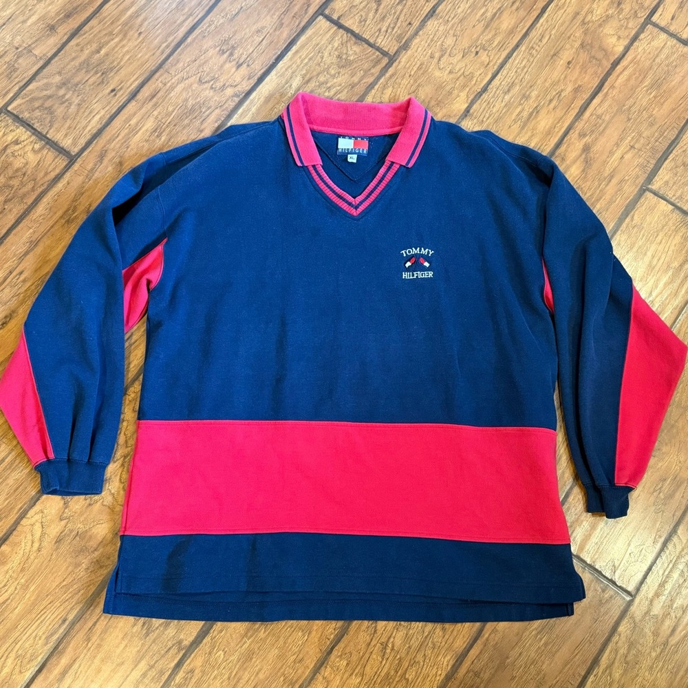 Tommy Hilfiger Vtg long sleeve polo shirt mens XL blue red collared soft preppy